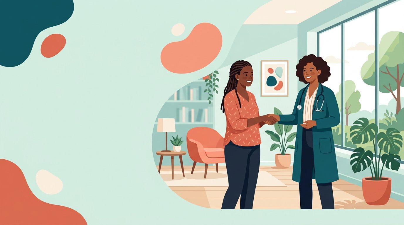 A caring health coach welcoming a patient in a bright modern clinic